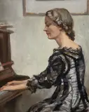 Lady playing the piano by Arthur Royce Bradbury, oil on board, sold Mar 2021