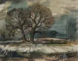 Trees in a landscape, Studio stamp, 32 x 40cm studio stamp, 12.5 x 15.5in by Rowland Suddaby, watercolour, sold Mar 2021