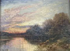 River landscape at sunset by Carl Brennir, oil, sold Feb 2021