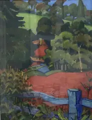 Landscape with red field by Diana Low, oil on canvas board, sold Feb 2021