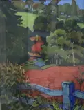 Landscape with red field by Diana Low, oil on canvas board, sold Feb 2021