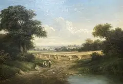 Cornfield in a landscape with children in the foreground by Walter H. Williams, oil on canvas, sold Feb 2021