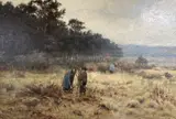Gleaners beside pine woods by Parker Hagarty, oil on canvas, sold Feb 2021