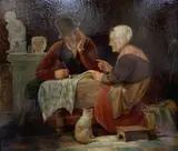 Interior with husband, wife and cat by Joseph Dens, oil on wood, sold Feb 2021
