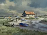 Boats at Thornham by Denis Pannett, watercolour, sold Feb 2021