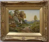 Cottages with figure and chickens by Stanley Clark, oil on canvas, sold Feb 2021