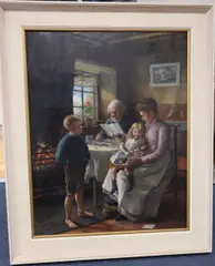 Cottage interior with a family seated around a table by Claude Pratt, 1892, oil on canvas, sold Feb 2021