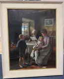 Cottage interior with a family seated around a table by Claude Pratt, 1892, oil on canvas, sold Feb 2021
