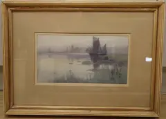 Sailing ship on a misty estuary by Carleton Grant, watercolour, sold Feb 2021