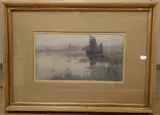 Sailing ship on a misty estuary by Carleton Grant, watercolour, sold Feb 2021