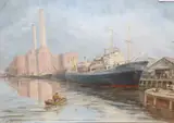 Rynstroom' moored off Shoreham Power Station, circa 1970 by Max Parsons A.R.C.A., oil on board, sold Jan 2021