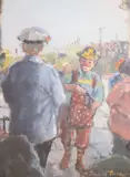 Clown on the promenade by Sheila Turner, oil on board, sold Jan 2021