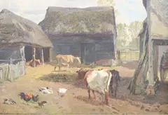 Cows, ducks and chickens in a farmyard by Charles Collins, 1880, oil on canvas, sold Jan 2021
