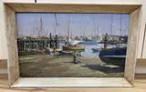 Fishing boats in harbour by Deryck Foster, oil on board, sold Jan 2021
