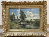 Dutch river landscape with a plank bridge and a distant windmill by Chris van der Windt, oil on canvas, sold Jan 2021