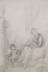 Figures beside the hearth, 22 x 15cm by Joseph Clark, pencil, sold Jan 2021