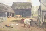 Cows, ducks and chickens in a farmyard by Charles Collins, 1880, oil on canvas, sold Dec 2020