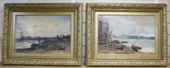 Harbour entrance with figures and boats and companion piece, Estuary scene with figures, boats and sail lofts by John Buxton Knight, oil on canvas, sold Dec 2020