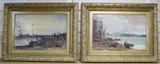 Harbour entrance with figures and boats and companion piece, Estuary scene with figures, boats and sail lofts by John Buxton Knight, oil on canvas, sold Dec 2020