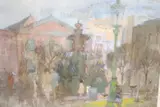 Figures in a town square, Hicks Gallery label verso, 37 x 52cm by Frederick Wills, gouache, sold Dec 2020