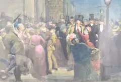 Suffragettes protesting in a crowd of gentleman, monogrammed, 24 x 34cm by William Strutt, watercolour, sold Dec 2020