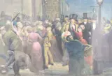 Suffragettes protesting in a crowd of gentleman, monogrammed, 24 x 34cm by William Strutt, watercolour, sold Dec 2020
