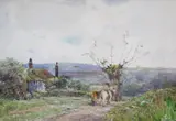 Horse rider passing a cottage by Claude Hayes, watercolour, sold Dec 2020