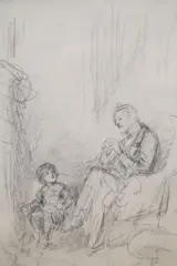 Figures beside the hearth, 22 x 15cm by Joseph Clark, pencil, offered Dec 2020