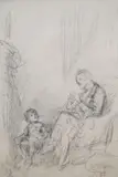 Figures beside the hearth, 22 x 15cm by Joseph Clark, pencil, offered Dec 2020