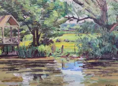 The Boathouse' signed, Exhibition label verso with title and number 26, Thomas Agnew & Sons label number 10037 16 x 22in by Duncan Grant, oil on canvas, sold Dec 2020