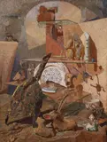 Young Contemporaries Exhibition label verso, a further Slade Society Exhibition label partially rubbed away 26 x 19.5in by Stanley Bird, oil on board, sold Dec 2020