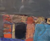 Harbour store' signed, New Academy Gallery label verso 10.25 x 12.5in by Barbara Rae, 1993, mixed media and collage on board, sold Dec 2020