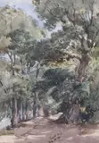 Country Lane' inscribed Appleby Brothers label verso, Spring Exhibition 1961 8.75 x 6.25in by Thomas Churchyard, watercolour, sold Dec 2020