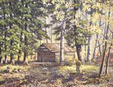 Hunt Camp, Canoeshed Lake, Gogama, Canada by Fred Hall, oil on canvas board, sold Dec 2020