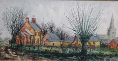 Essex farmstead with church by Paul Mann, oil on canvas, sold Dec 2020