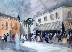 North African market scene, initialled, 19 x 27cm initialled 7.75 x 10.75in by Hercules Brabazon Brabazon, gouache and watercolour, sold Dec 2020