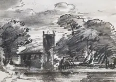 A church among trees, John Manning label verso, 14 x 19.5cm by Thomas Monro, charcoal on paper, sold Dec 2020