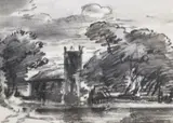 A church among trees, John Manning label verso, 14 x 19.5cm by Thomas Monro, charcoal on paper, sold Dec 2020