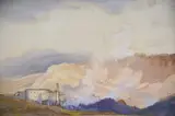 Mountain landscape with factory town by Cecil Arthur Hunt, watercolour and bodycolour, sold Dec 2020