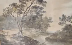 Landscape with figures, John Manning label verso, 31 x 48cm by John Laporte, watercolour, sold Dec 2020