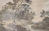 Landscape with figures, John Manning label verso, 31 x 48cm by John Laporte, watercolour, sold Dec 2020