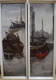 Fishing boats and barges in harbour by Jorge Aguilar, oil, sold Nov 2020