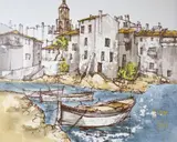 Mediterranean fishing village, 37 x 45cm by Bernard Dufour, oil on canvas board, sold Nov 2020