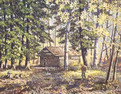 Hunt Camp, Canoeshed Lake, Gogama, Canada by Fred Hall, oil on canvas board, sold Nov 2020