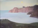 Still bay with rising moon, label verso, 40 x 55cm by Stella Marsden, oil on canvas, sold Nov 2020