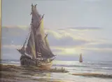 Fishing boats along the coast by Otto Neutschmann, oil on canvas, sold Nov 2020
