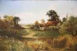Timber framed house beside a river by T Whithew, 1906, oil on canvas, sold Nov 2020