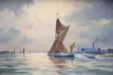 Sail barge along the Thames by Denis Pannett, oil on canvas, sold Nov 2020