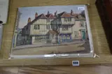 Old Houses, Lewes, Sussex' and two similar topographical watercolours, 'High Street,, Hastings' and 'Market Square, Westerham, Kent by James P. Power, watercolor, sold Nov 2020