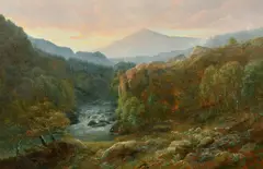British, A wooded river landscape with sheep grazing and mountains beyond by Thomas Finchett, oil on canvas, sold Jun 2022